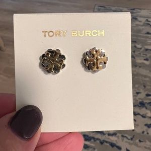 NEW Tory Burch gold and silver logo earrings